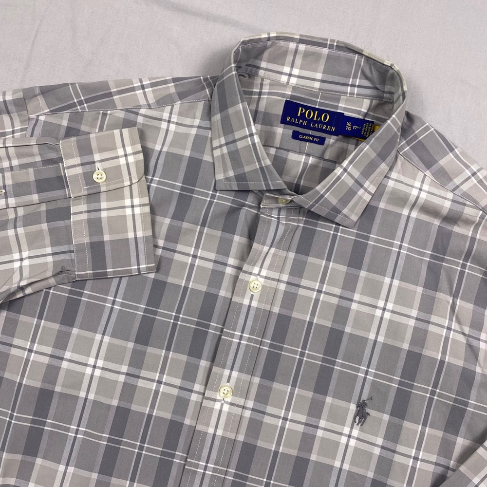 Polo Ralph Lauren‎ Classic Fit Plaid Shirt Mens XL Grey White Elastane Stretch